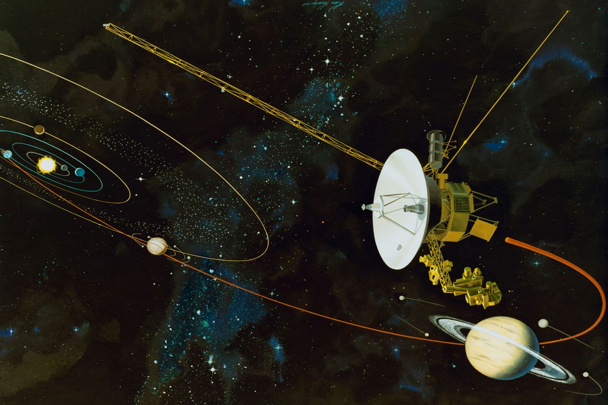 An artist's impression of the Voyager 1 space probe flying past Saturn in the outer solar system, circa 1980. (Photo by Space Frontiers/Getty Images)
