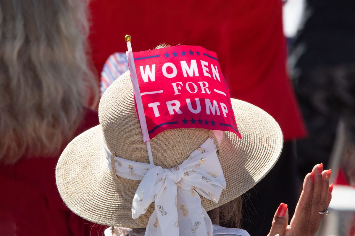 A women for trump flag is tucked in a hat while Vice President Mike Pence speaks during a 'Make America Great Again' event at TYR Tactical on October 8, 2020 in Peoria, Arizona. (Photo by Courtney Pedroza/Getty Images)