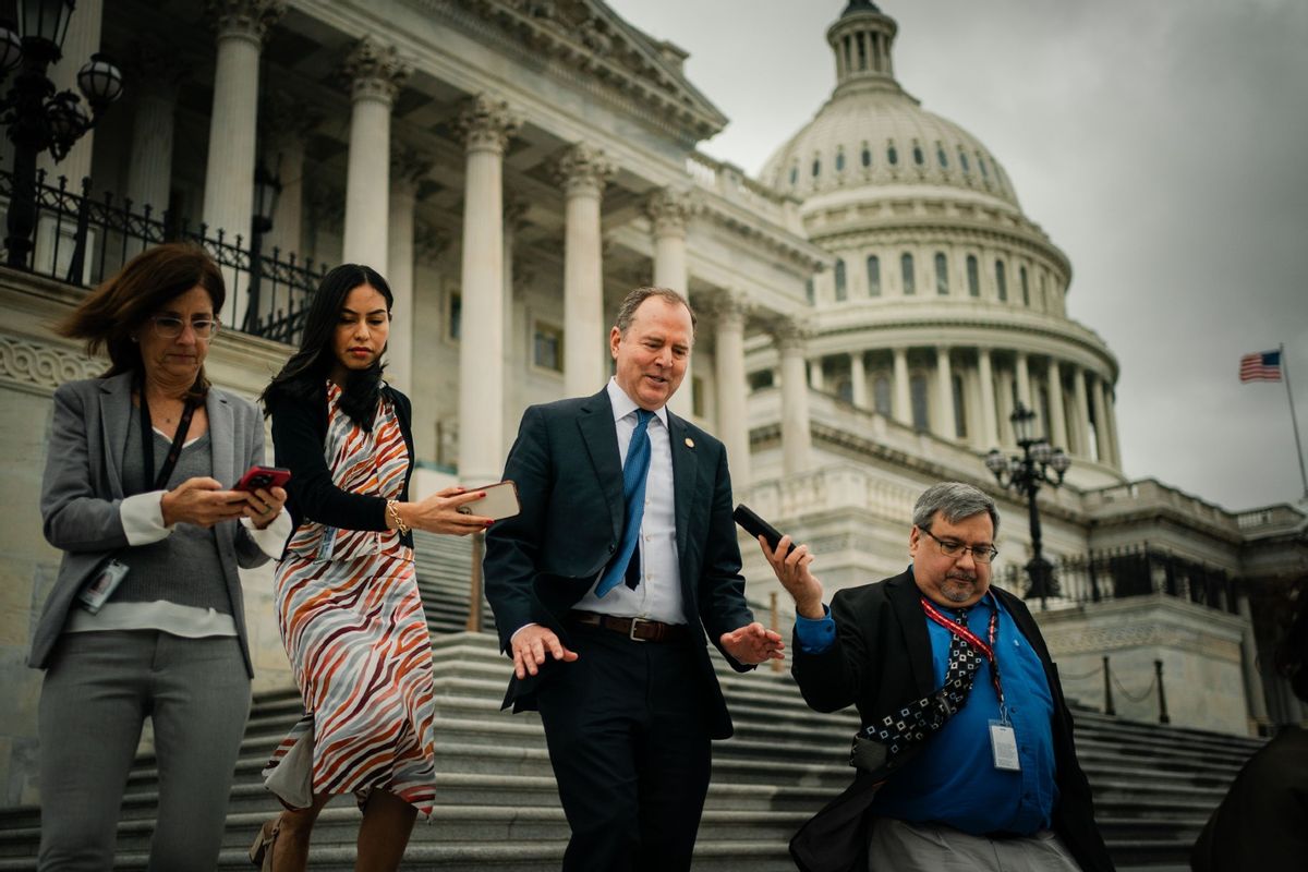 Rep. Adam Schiff (D-CA) talks with reporters as he walks down the steps of the House of Representatives at the U.S. Capitol on Wednesday, June 21, 2023 in Washington, DC.  (Kent Nishimura / Los Angeles Times via Getty Images)