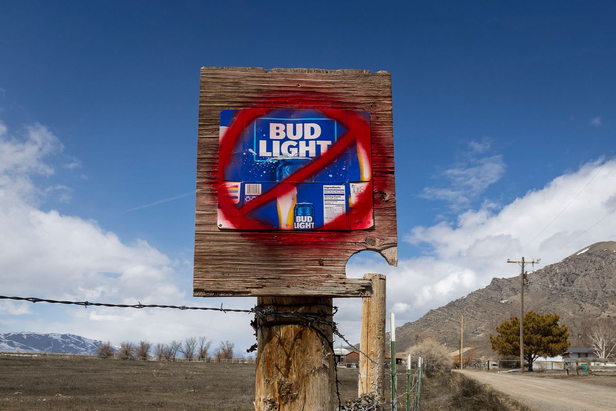 A sign disparaging Bud Light beer is seen along a country road on April 21, 2023 in Arco, Idaho. (Natalie Behring/Getty Images)