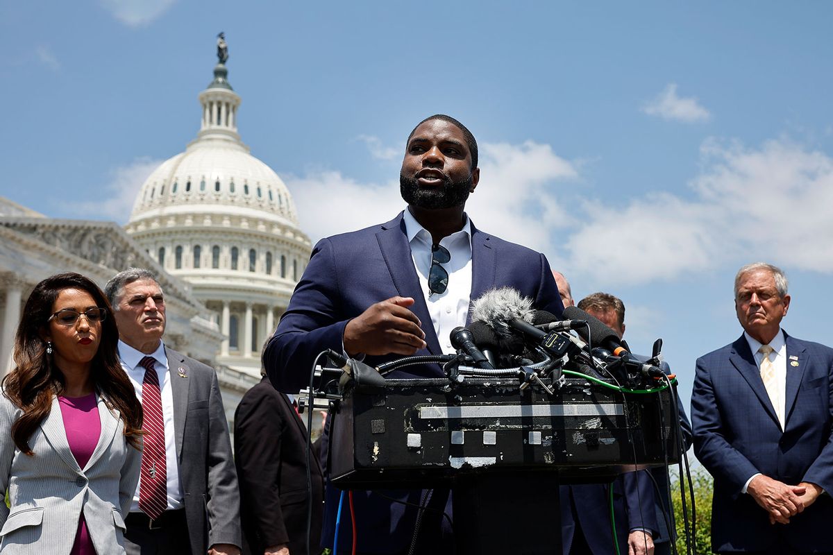 Rep. Byron Donalds (R-FL) (C) joins fellow House Freedom Caucus members to announce they would oppose the deal to raise the debt limit during a news conference outside the U.S. Capitol on May 30, 2023 in Washington, DC. (Chip Somodevilla/Getty Images)