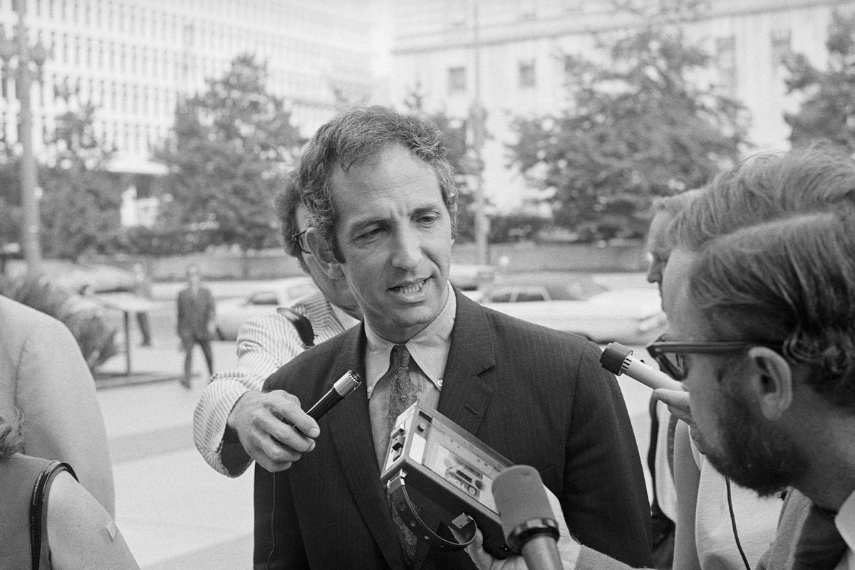 Daniel Ellsberg talks with newsmen as he arrives for arraignment at the courthouse here. Ellsberg is charged with violating the law by leaking the secret Pentagon papers to the news media (Getty Images/Bettmann)