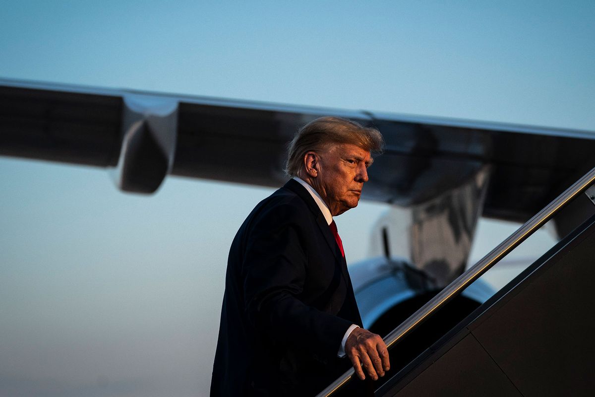 Former President Donald Trump boards his airplane, known as "Trump Force One," after speaking at a campaign event, at the Manchester-Boston Regional Airport on Thursday, April 27, 2023, in Manchester, NH. (Jabin Botsford/The Washington Post via Getty Images)