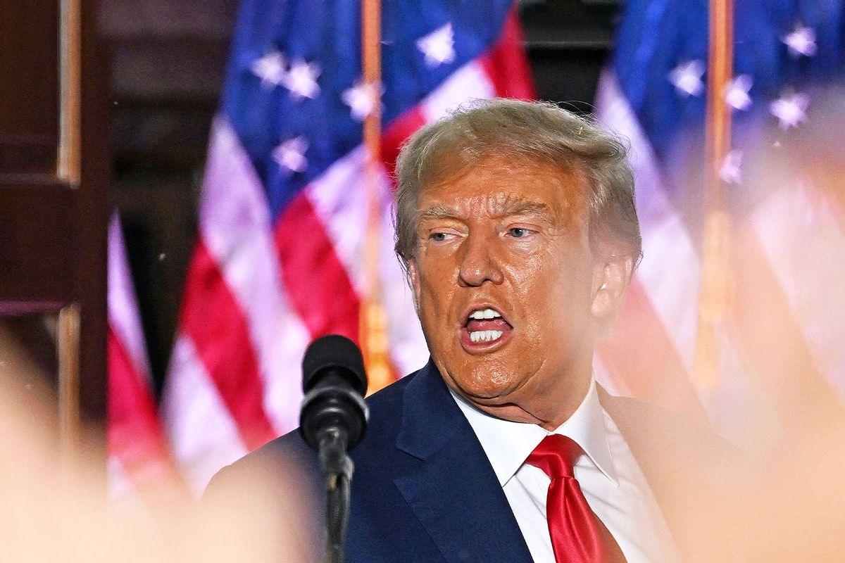 Former US President Donald Trump gestures after delivering remarks at Trump National Golf Club Bedminster in Bedminster, New Jersey, on June 13, 2023. (ED JONES/AFP via Getty Images)