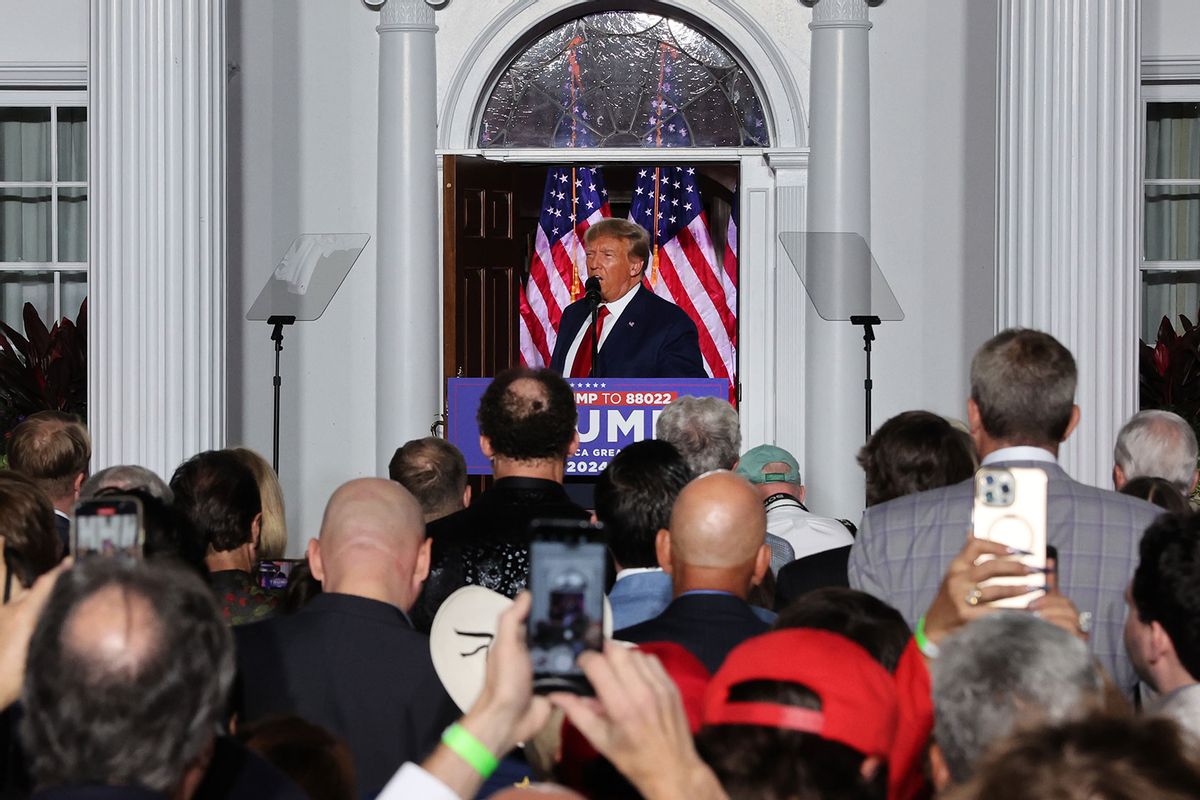 Former President Donald Trump speaks to supporters at Trump National Golf Club in Bedminster following his appearance in a Miami court on June 13, 2023 in Bedminster, New Jersey. (Spencer Platt/Getty Images)