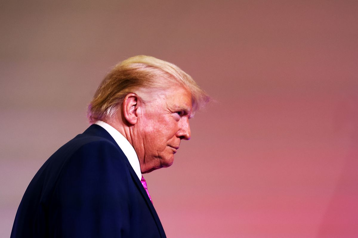 Former U.S. President Donald Trump is introduced at the Oakland County Republican Party's Lincoln Day dinner at Suburban Collection Showplace on June 25, 2023 in Novi, Michigan. (Scott Olson/Getty Images)
