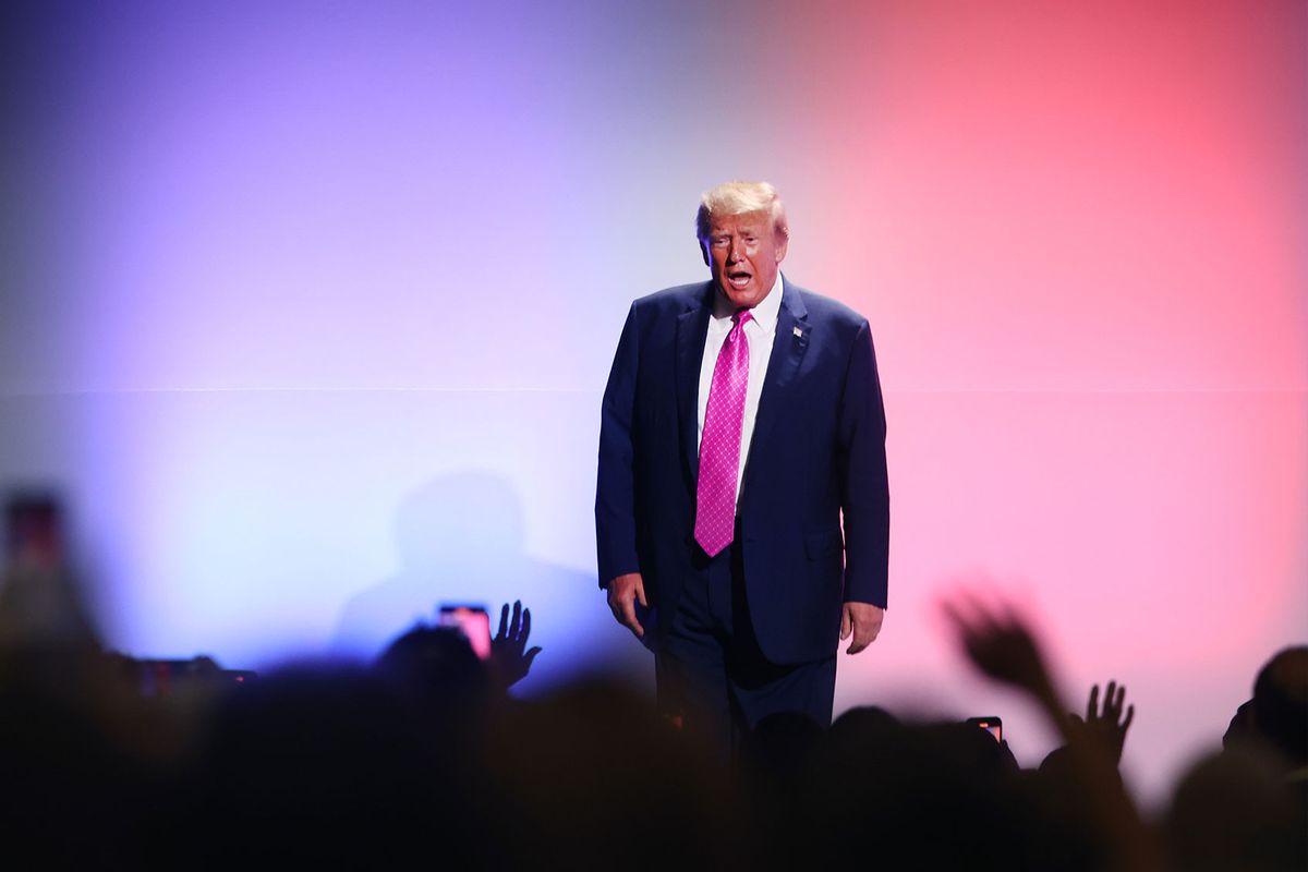 Former President Donald Trump departs after speaking at the Oakland County Republican Party's Lincoln Day dinner at Suburban Collection Showplace on June 25, 2023 in Novi, Michigan. (Scott Olson/Getty Images)