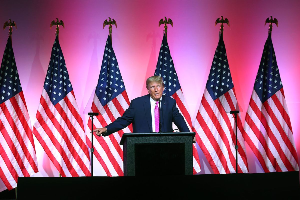 Former President Donald Trump speaks to guests at the Oakland County Republican Party's Lincoln Day dinner at Suburban Collection Showplace on June 25, 2023 in Novi, Michigan. (Scott Olson/Getty Images)