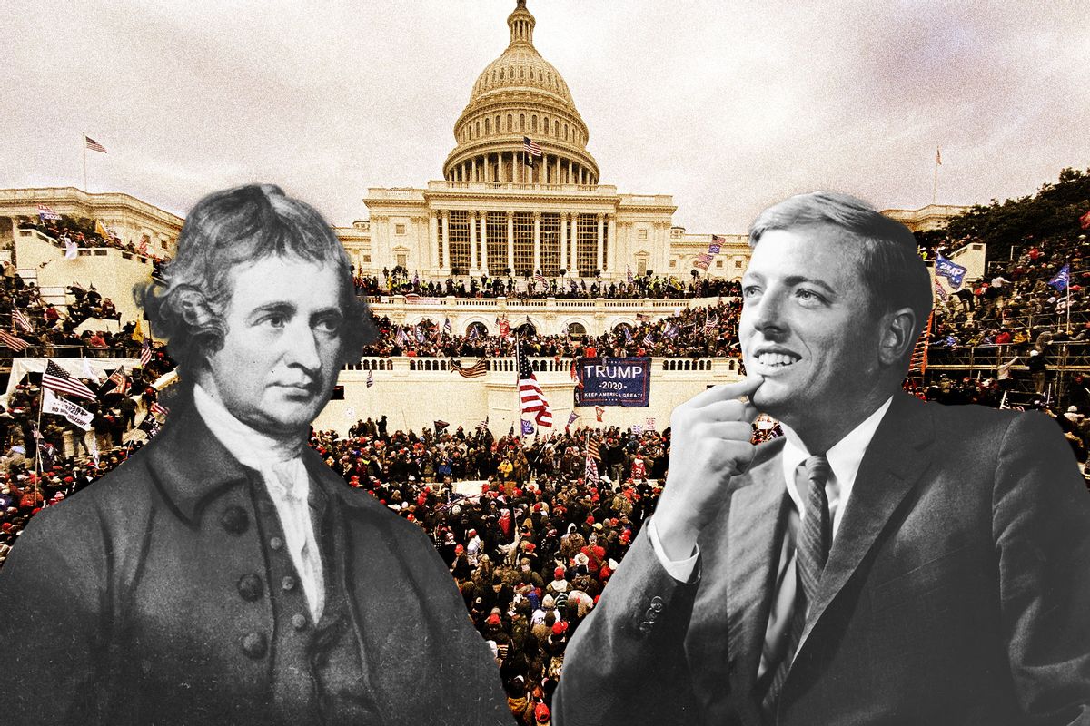 Political philosopher Edmund Burke and American conservative author William F. Buckley Jr. | US President Donald Trumps supporters gather outside the Capitol building in Washington D.C., United States on January 06, 2021. (Photo illustration by Salon/Getty Images)