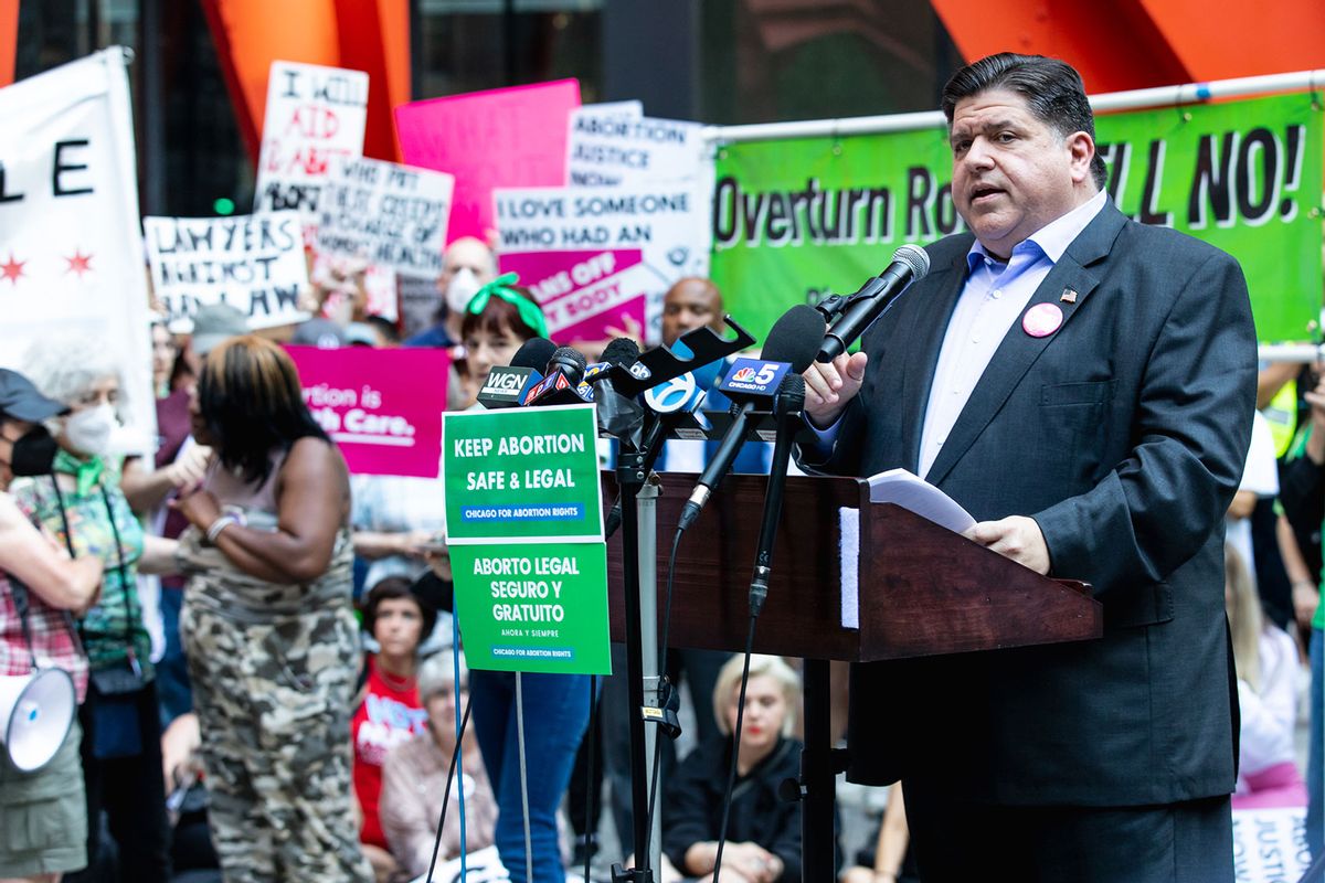 Governor J. B. Pritzker of Illinois speaks to the crowd at an abortion rights rally on June 24, 2022 in Chicago, Illinois. (Natasha Moustache/Getty Images)