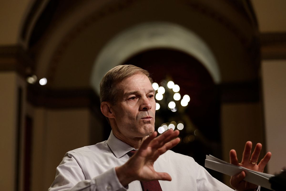 Rep. Jim Jordan (R-OH) speaks during an on-camera interview near the House Chambers during a series of votes in the U.S. Capitol Building on January 09, 2023 in Washington, DC. (Anna Moneymaker/Getty Images)