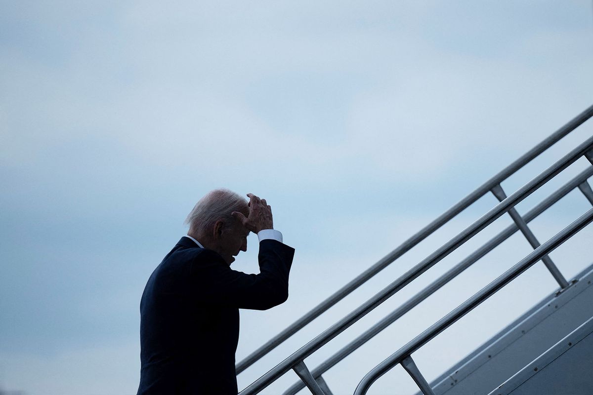 US President Joe Biden boards Air Force One at Bradley International Airport June 16, 2023, in Windsor Locks, Connecticut. (BRENDAN SMIALOWSKI/AFP via Getty Images)