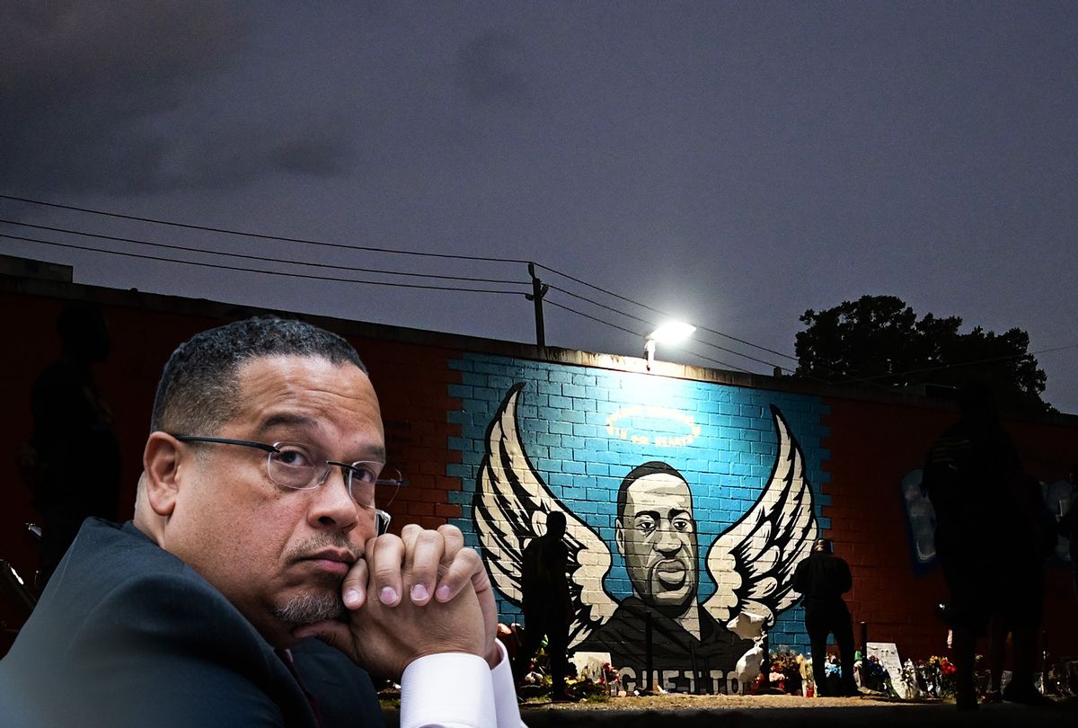 Keith Ellison, attorney general of Minnesota, and a mural of George Floyd in Houston, Texas (Photo Illustration by Salon / Tom Williams/CQ-Roll Call/ Johannes Eisele/AFP / Getty Images)