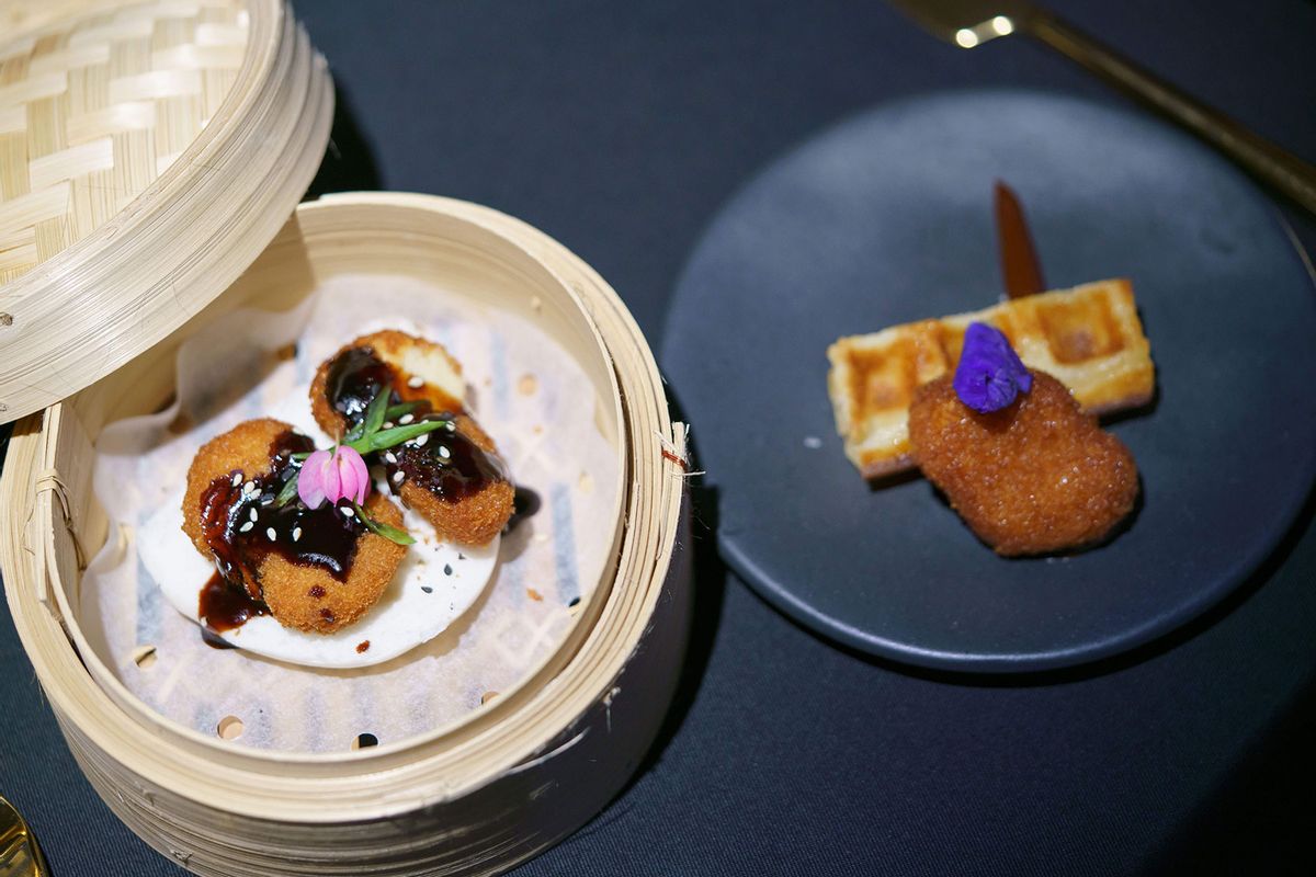 Nuggets made from lab-grown chicken meat are displayed during a media presentation in Singapore, the first country to allow the sale of meat created without slaughtering any animals, on December 22, 2020. (NICHOLAS YEO/AFP via Getty Images)