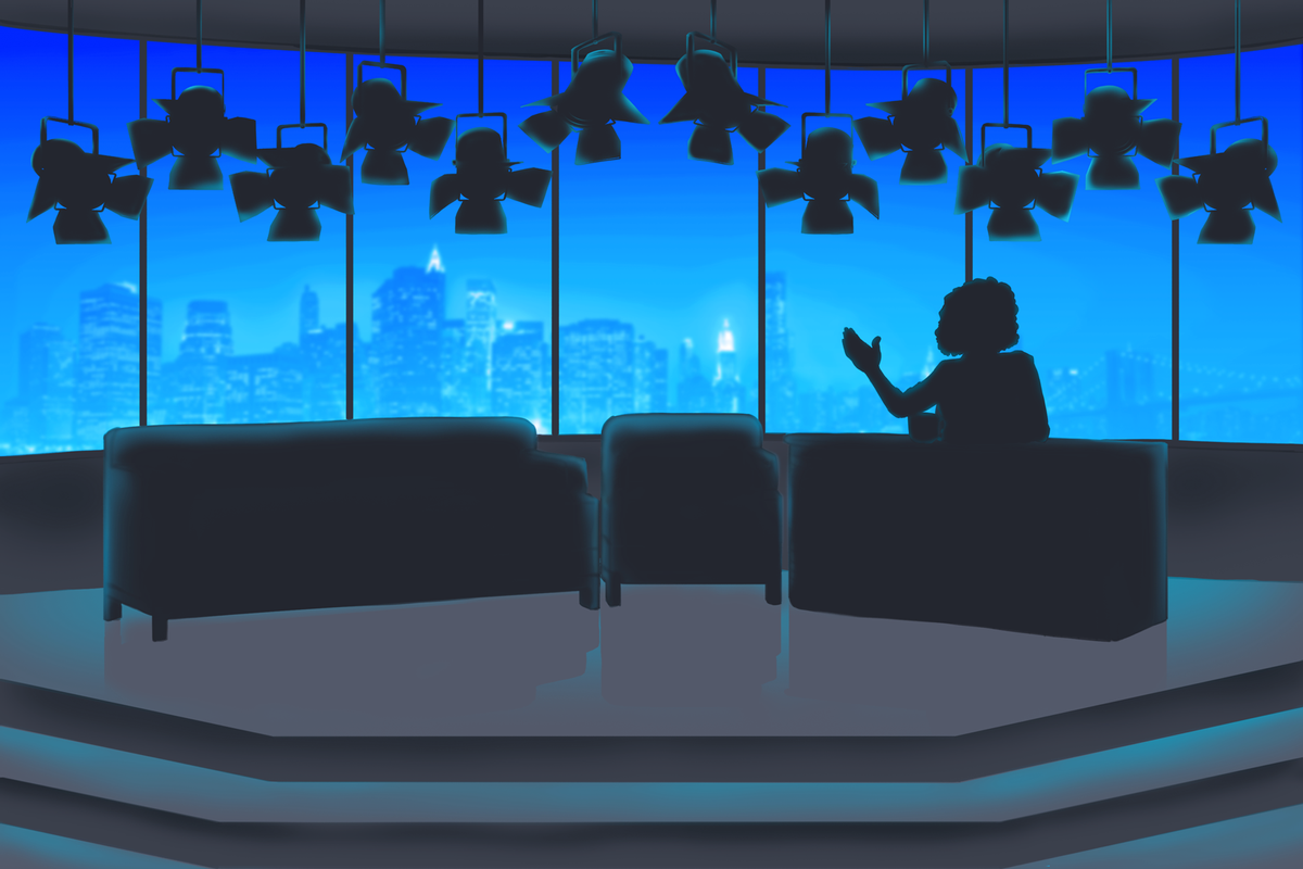 A late-night TV studio set with the lights off (Illustration by Ilana Lidagoster/Salon)