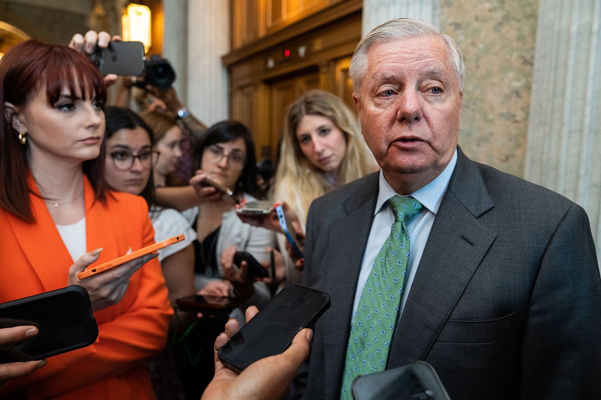 Sen. Lindsey Graham, R-S.C., talks with reporters in the U.S. Capitol as the Senate works on the debt limit bill on Thursday June 1, 2023. (Tom Williams/CQ-Roll Call, Inc via Getty Images)