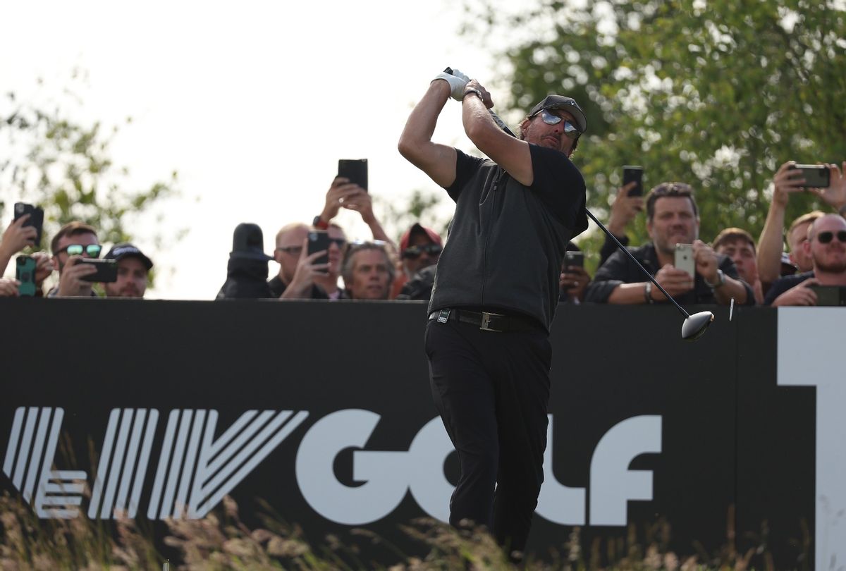 Phil Mickelson tees off at the LIV Golf Invitational on June 11, 2022 in St Albans, England. (Matthew Lewis/Getty Images)