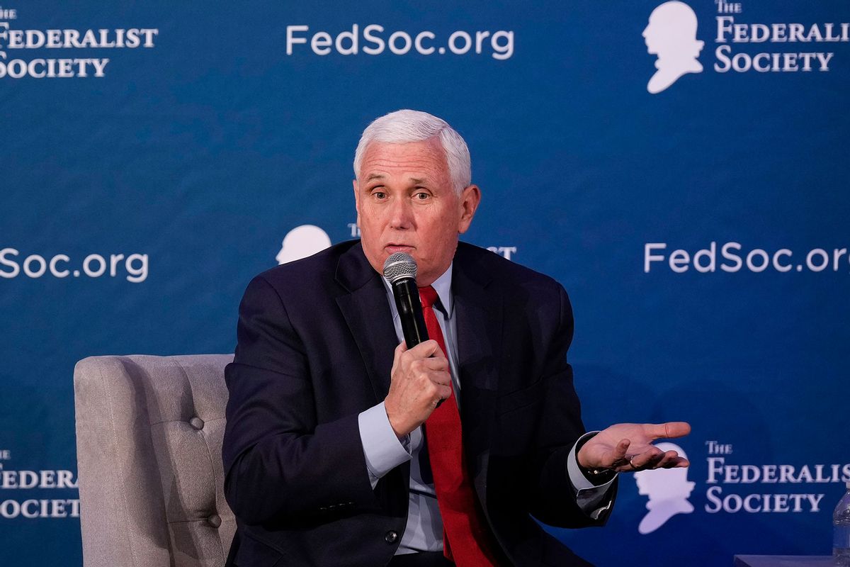 Former U.S. Vice President Mike Pence speaks during the Federalist Society's Executive Branch Review Conference at The Mayflower Hotel April 25, 2023 in Washington, DC. (Drew Angerer/Getty Images)