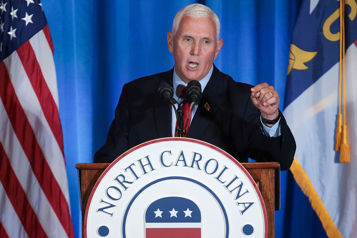 Republican presidential candidate former U.S. Vice President Mike Pence speaks about the recent federal indictment of former U.S. President Donald Trump while delivering remarks June 10, 2023 in Greensboro, North Carolina. (Win McNamee/Getty Images)