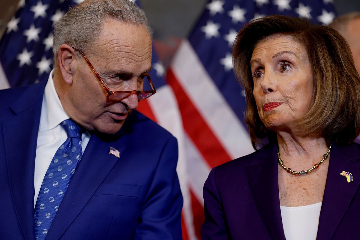 House Speaker Nancy Pelosi (D-CA) speaks with Senate Majority Leader Chuck Schumer (D-NY) at the U.S. Capitol Building on December 08, 2022 in Washington, DC. (Anna Moneymaker/Getty Images)