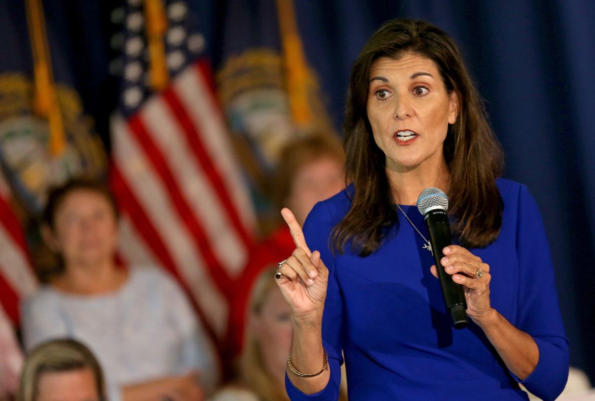 Republican presidential candidate Nikki Haley campaigns in Bedford, NH.  (Matt Stone/MediaNews Group/Boston Herald via Getty Images)
