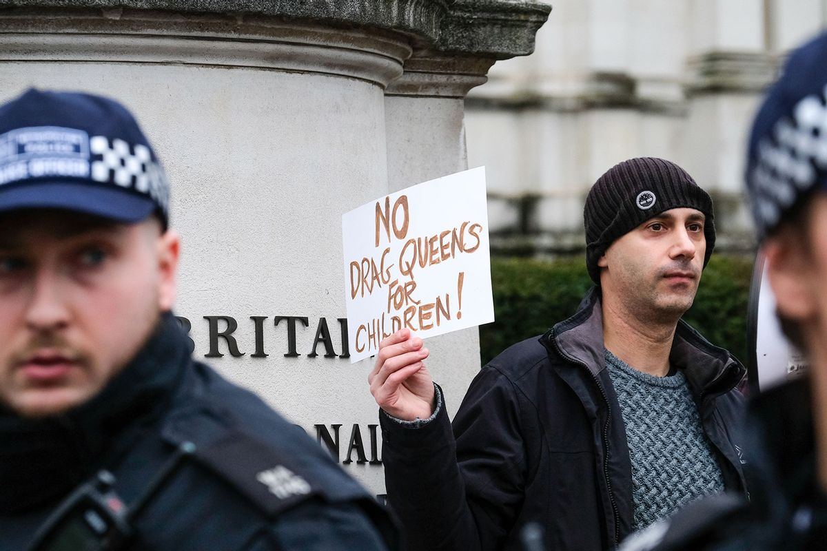 Anti-fascists and members of Stand Up To Racism demonstrate against the Patriotic Alternative protest at the Tate Britain, Drag Queen Story Hour UK events at the gallery. (Matthew Chattle/Future Publishing via Getty Images)