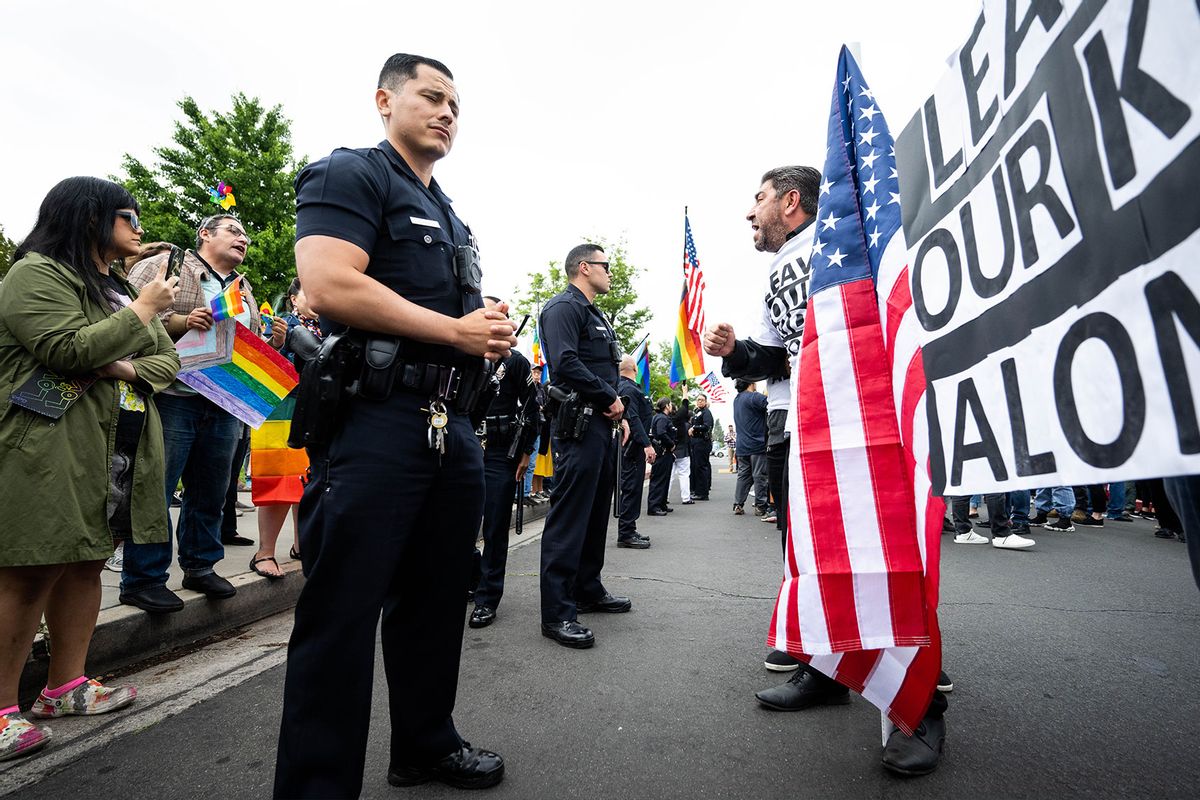 Armenian parents and their supporters protesting a Pride assembly are met by LGBTQ+ advocates at Saticoy Elementary School in North Hollywood on Friday, June 2, 2023. Tensions were heightened last week when a Pride flag was burned at the school. (Sarah Reingewirtz/MediaNews Group/Los Angeles Daily News via Getty Images)