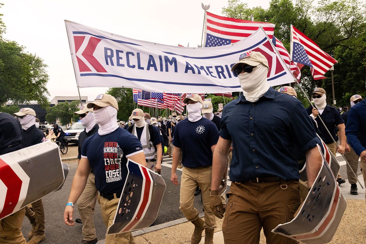 Members of the far-right group Patriot Front are seen marching through Washington, DC on May 13th, 2023. (Nathan Posner/Anadolu Agency via Getty Images)