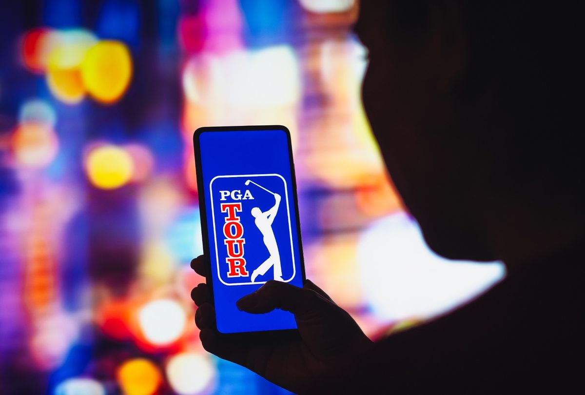 PGA Tour logo is displayed on a smartphone screen.  (Photo Illustration by Rafael Henrique/SOPA Images/LightRocket via Getty Images)