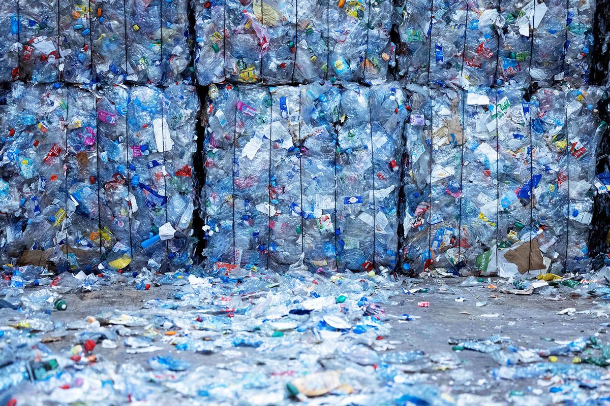This photograph taken on January 10, 2023 shows a pile of recyclable plastic trash at the Syctom waste management company in Paris. (THOMAS SAMSON/AFP via Getty Images)