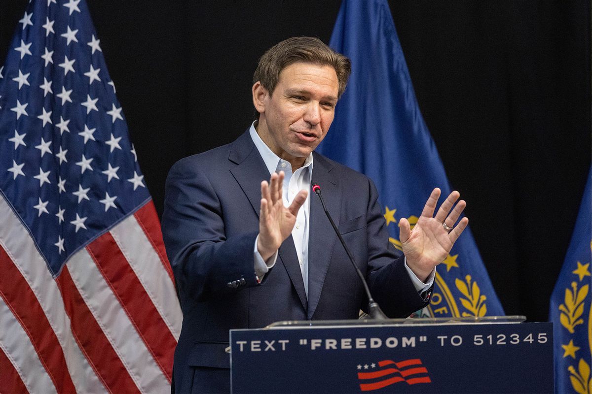 Republican presidential candidate Florida Gov. Ron DeSantis delivers remarks during his "Our Great American Comeback" Tour stop on June 1, 2023 in Laconia, New Hampshire. (Scott Eisen/Getty Images)