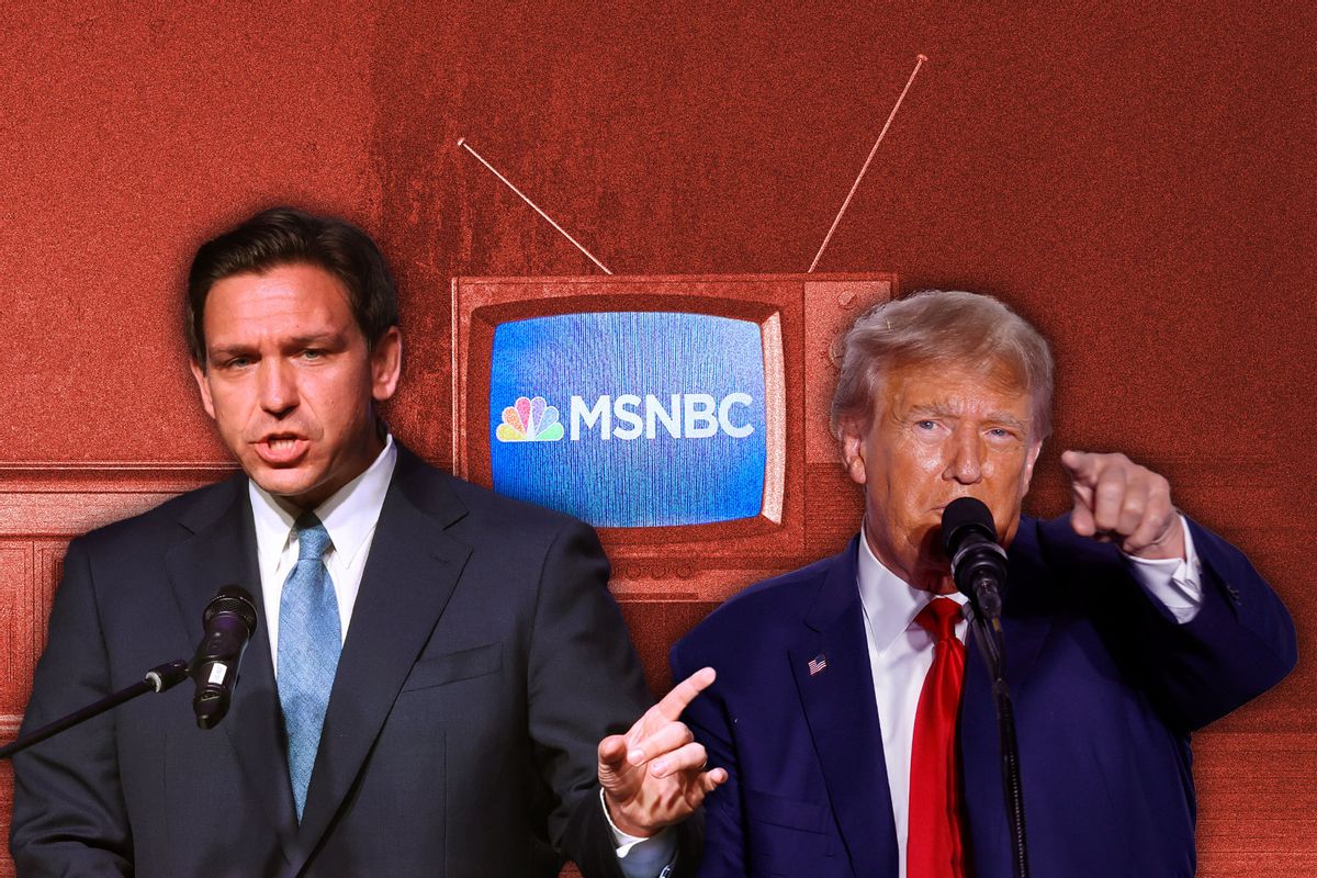 Ron DeSantis and Donald Trump taking issue with MSNBC (Photo illustration by Salon/Getty Images)