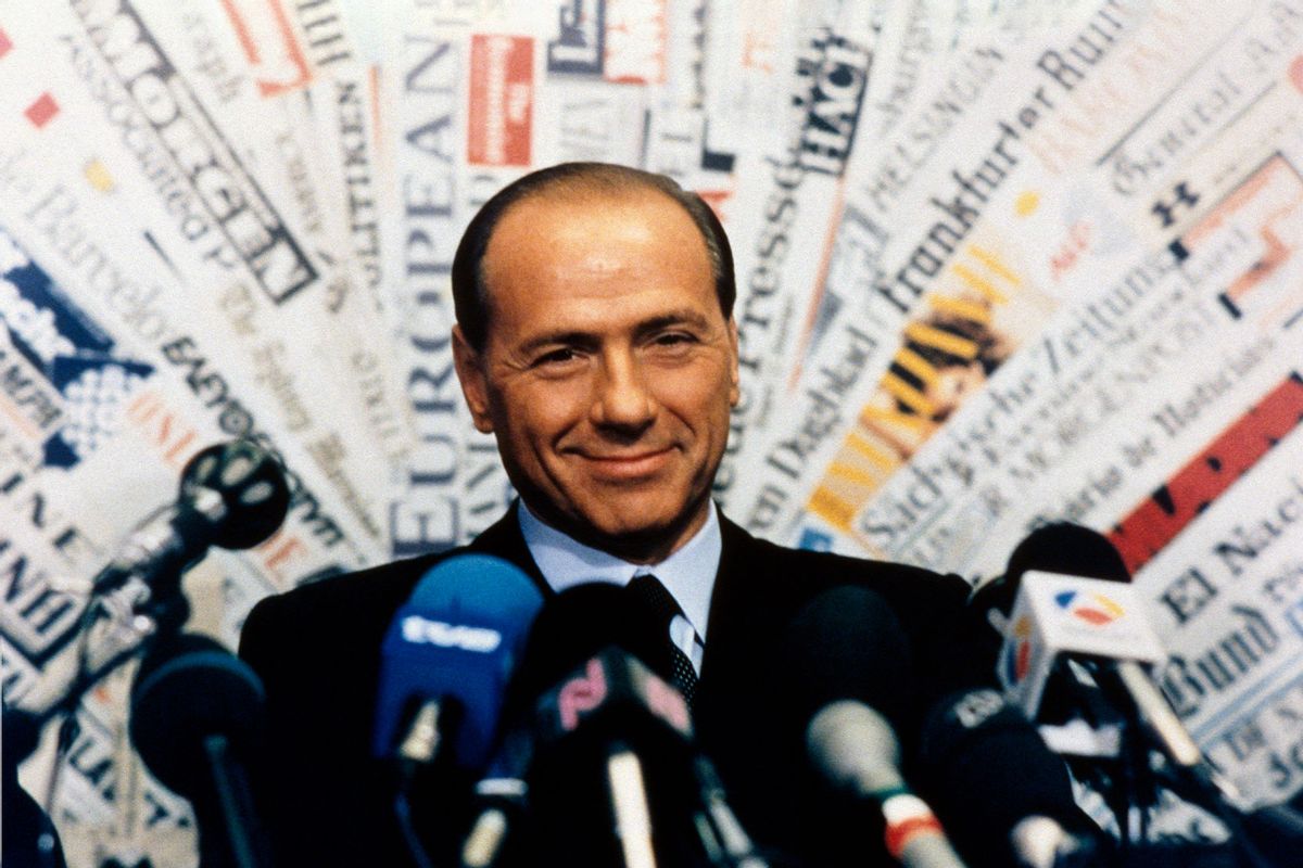 Silvio Berlusconi holds a press conference announcing his debut in politics at the foreign press conference room on November 26, 1993 in Rome, Italy. (Franco Origlia/Getty Images)