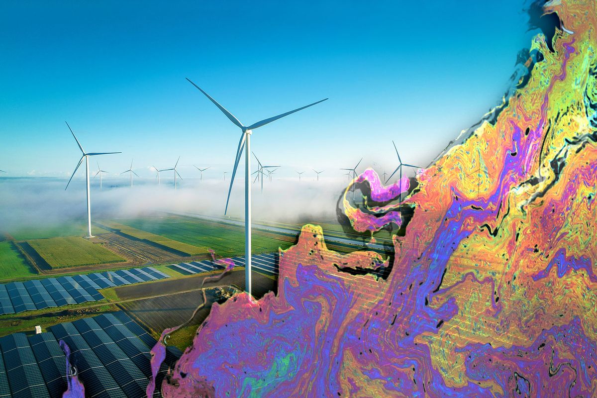 Solar panels and wind turbines | Oil (Photo illustration by Salon/Getty Images)