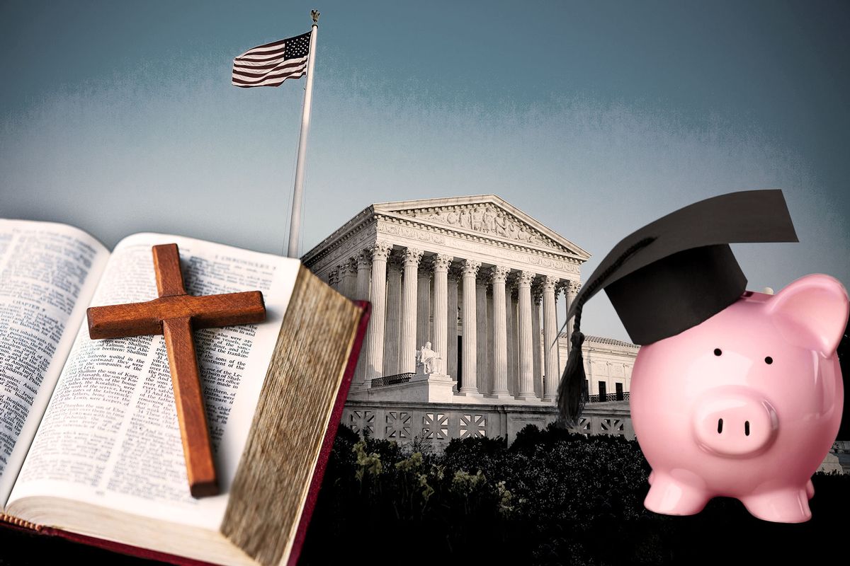 Supreme Court | Cross on a Bible | Piggy bank with a graduation cap (Photo illustration by Salon/Getty Images)