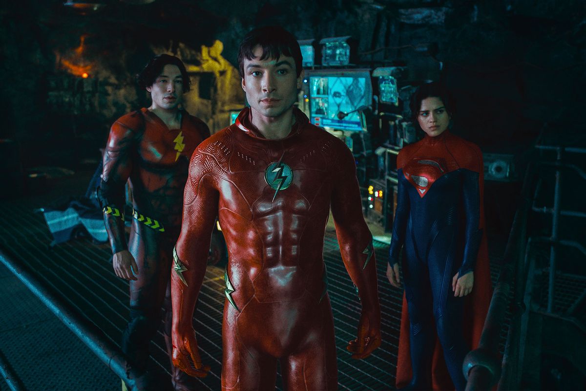 Ezra Miller as Barry Allen/The Flash, Ezra Miller as Barry Allen/The Flash and Sasha Calle as Kara Zor-El / Supergirl in “The Flash” (Warner Bros. Pictures)