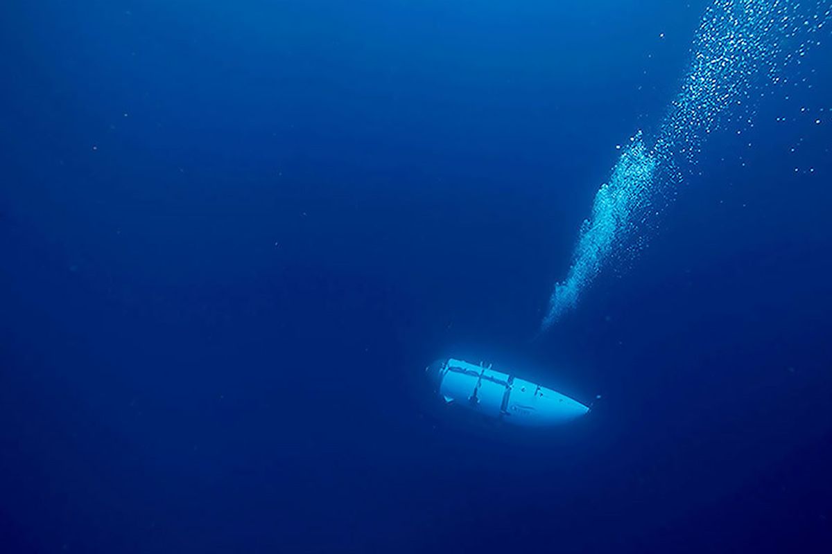 An undated photo shows tourist submersible belongs to OceanGate descents at a sea. Search and rescue operations continue by US Coast Guard in Boston after a tourist submarine bound for the Titanic's wreckage site went missing off the southeastern coast of Canada. (Photo by Ocean Gate / Handout/Anadolu Agency via Getty Images)