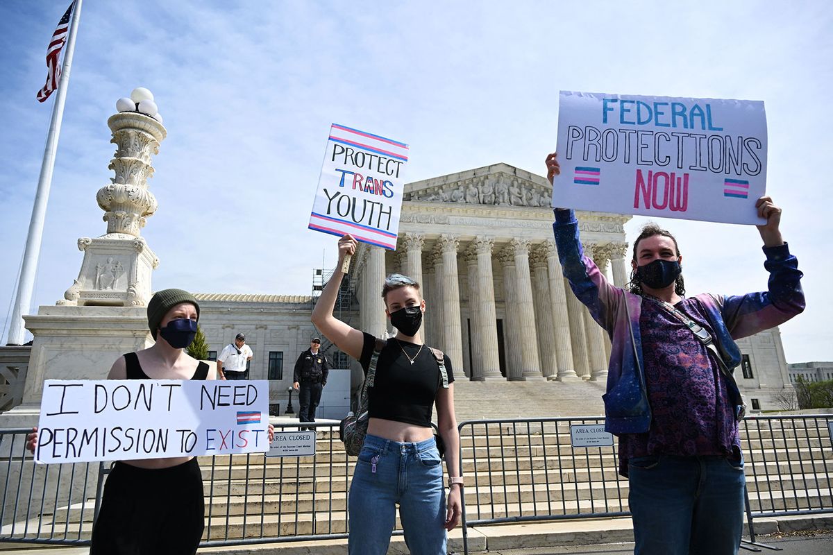 Activists for transgender rights gather in front of the US Supreme Court in Washington, DC, on April 1, 2023. (ANDREW CABALLERO-REYNOLDS/AFP via Getty Images)