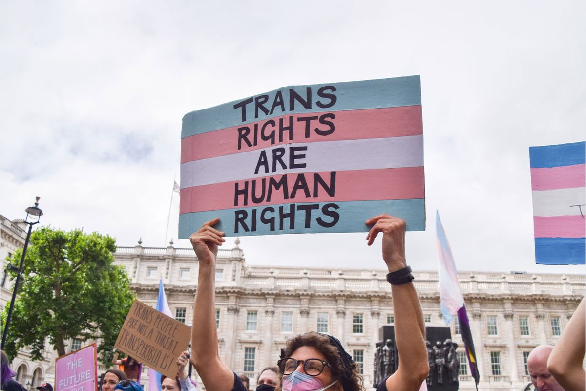 A protester holds a placard with the colours of the trans pride flag in support of a trans rights during the demonstration. (Vuk Valcic/SOPA Images/LightRocket via Getty Images)