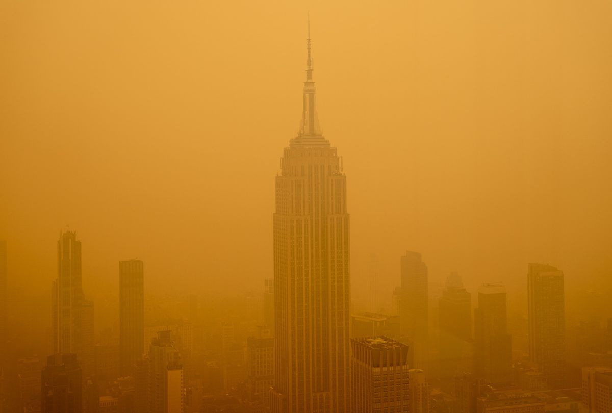 Smoky haze from wildfires in Canada diminishes the visibility of the Empire State Building on June 7, 2023 in New York City. (David Dee Delgado/Getty Images)
