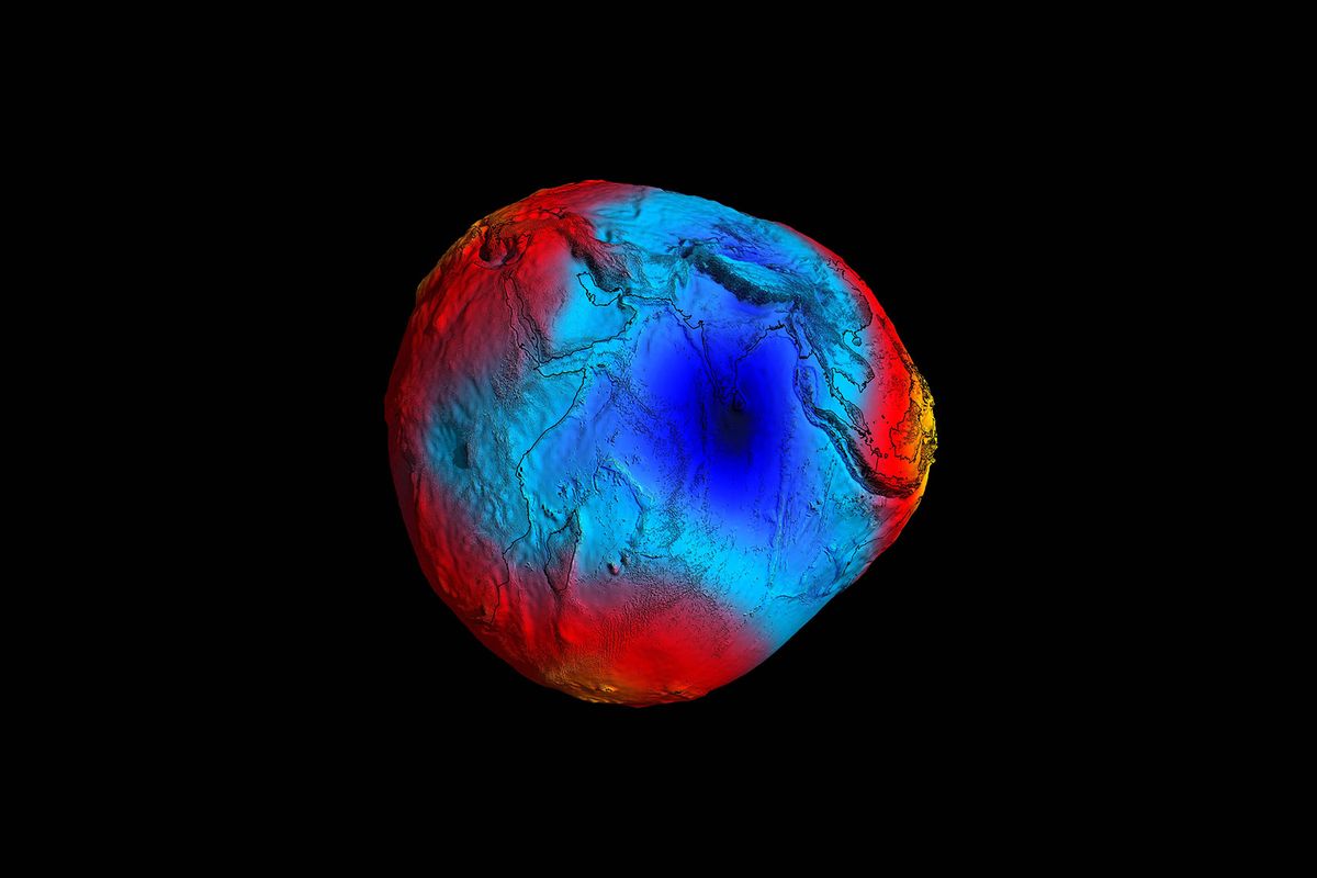 The 2011 GOCE model of the Earth's geoid. The colors in the image represent deviations in height (–100 m to +100 m) from an ideal geoid. (European Space Agency/HPF/DLR)
