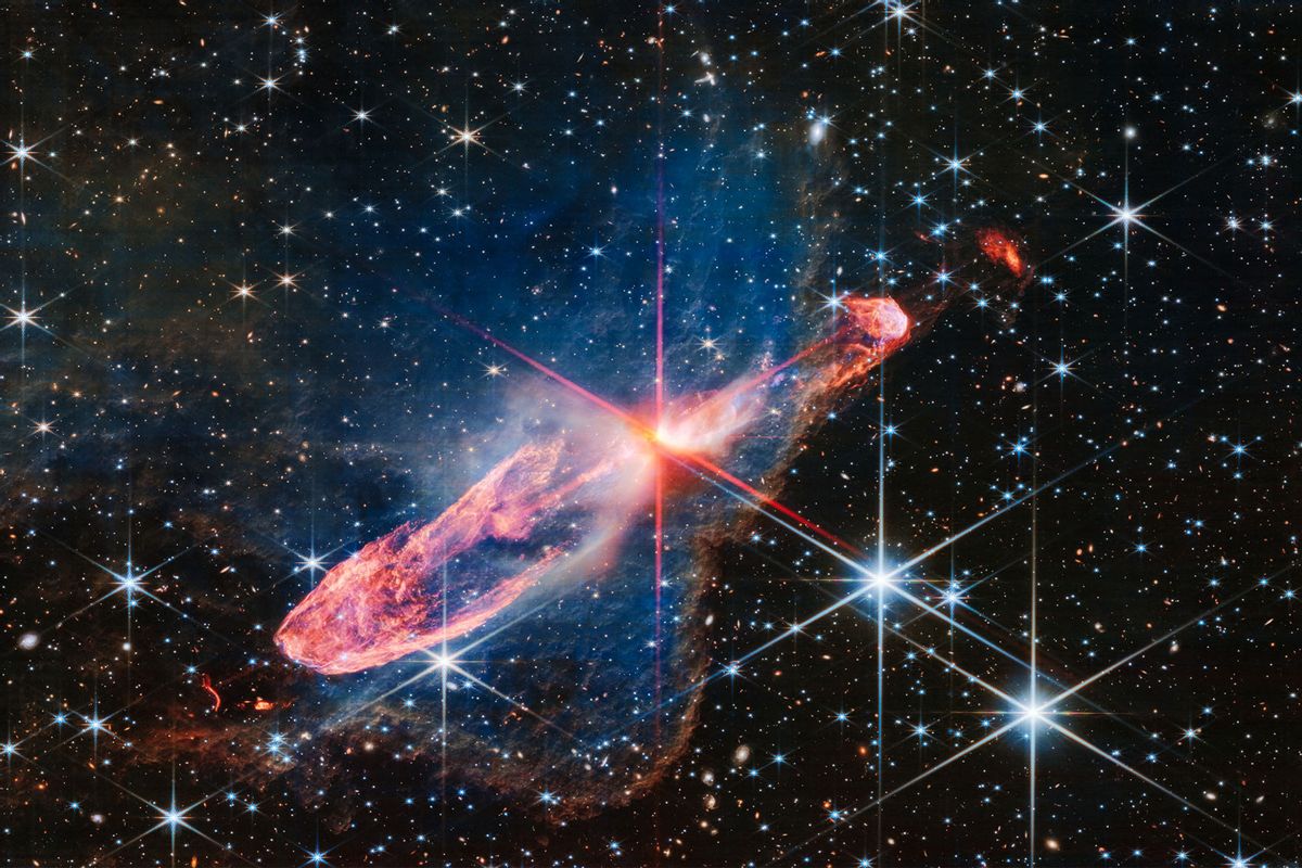 NASA’s James Webb Space Telescope has captured a tightly bound pair of actively forming stars, known as Herbig-Haro 46/47, in high-resolution near-infrared light. (NASA / ESA / CSA / Joseph DePasquale (STScI))