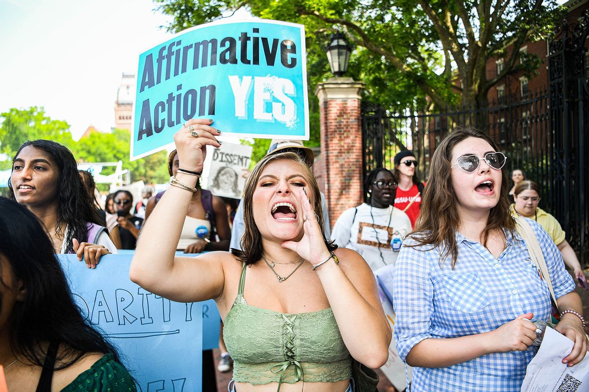 Participants march and chant slogans at a rally protesting the Supreme Court's ruling against affirmative action on Harvard University Campus in Cambridge, Massachusetts, the United States, on July 1, 2023. (Ziyu Julian Zhu/Xinhua via Getty Images)