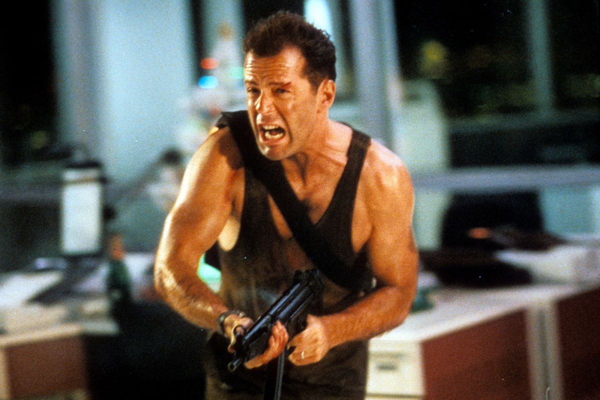 Bruce Willis running with automatic weapon in a scene from the film 'Die Hard', 1988. (Photo by 20th Century-Fox/Getty Images)