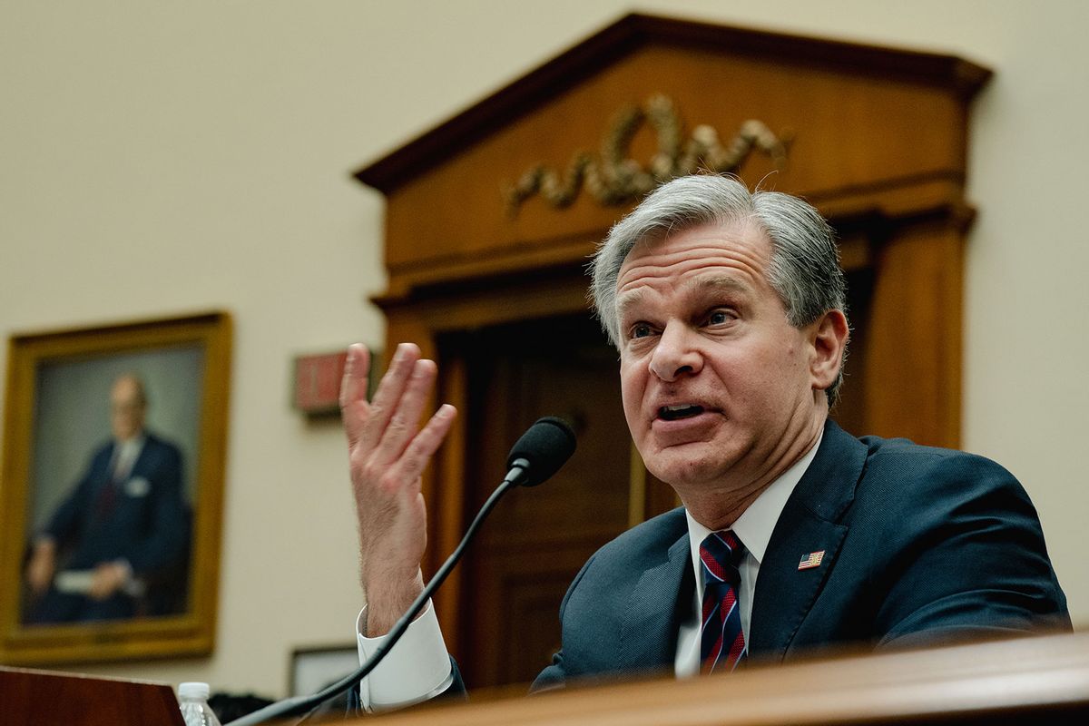 FBI Director Christopher Wray testifies during a House Judiciary Committee hearing on "oversight of the Federal Bureau of Investigation" and alleged politicization of law enforcement on Capitol Hill in Washington, DC on July 12, 2023. (Shuran Huang for The Washington Post via Getty Images)