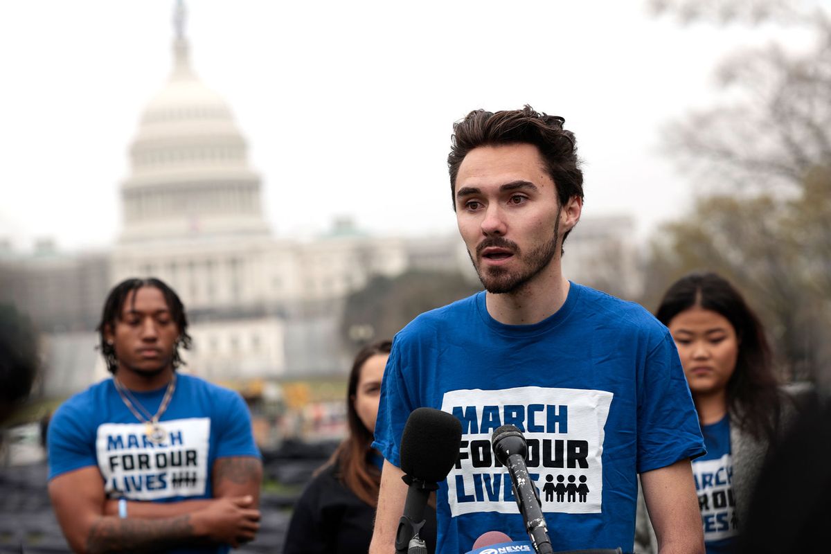Marjory Stoneman Douglas High School shooting survivor David Hogg speaks in front of reporters at an installation of body bags assembled on the National Mall by Gun Control activist group March For Our Lives on March 24, 2022 in Washington, DC. (Anna Moneymaker/Getty Images)