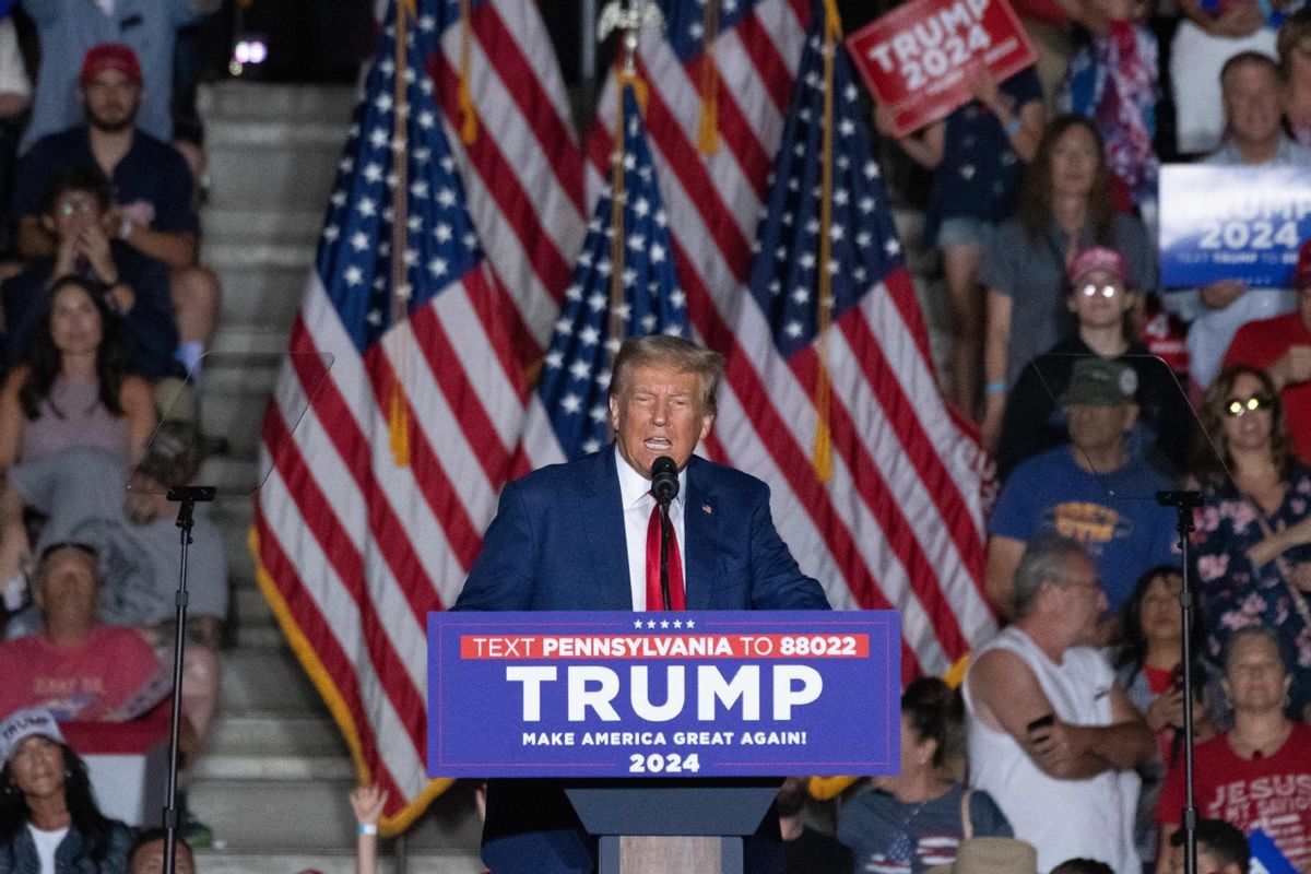 Former US President and 2024 presidential hopeful Donald Trump speaks during a campaign rally in Erie, Pennsylvania, on July 29, 2023.  (JOED VIERA/AFP via Getty Images)