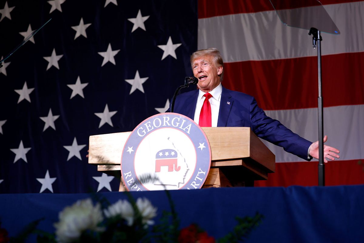 Former U.S. President Donald Trump delivers remarks during the Georgia state GOP convention at the Columbus Convention and Trade Center on June 10, 2023 in Columbus, Georgia. (Anna Moneymaker/Getty Images)