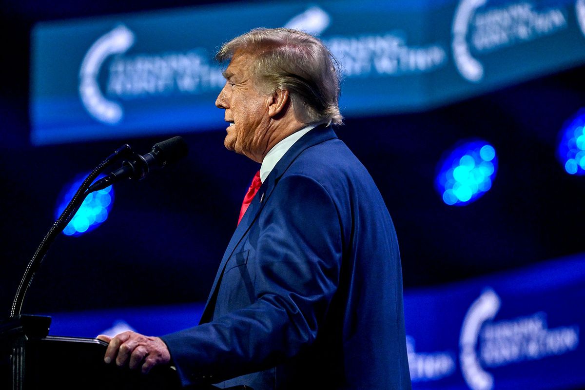 Former US President and 2024 presidential hopeful Donald Trump speaks at the Turning Point Action USA conference in West Palm Beach, Florida, on July 15, 2023. (GIORGIO VIERA/AFP via Getty Images)