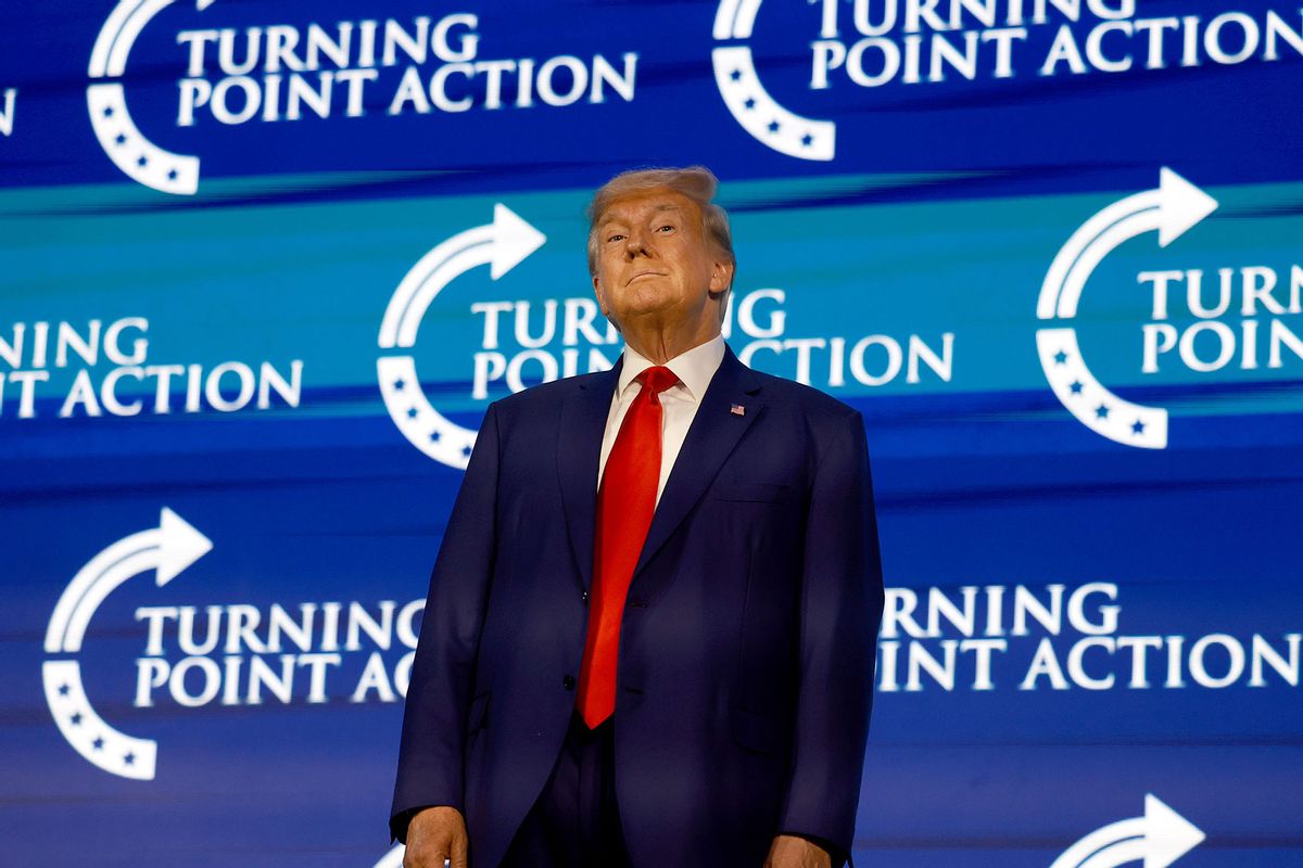 Former US President Donald Trump arrives on stage to speak at the Turning Point Action conference as he continues his 2024 presidential campaign on July 15, 2023 in West Palm Beach, Florida. (Joe Raedle/Getty Images)